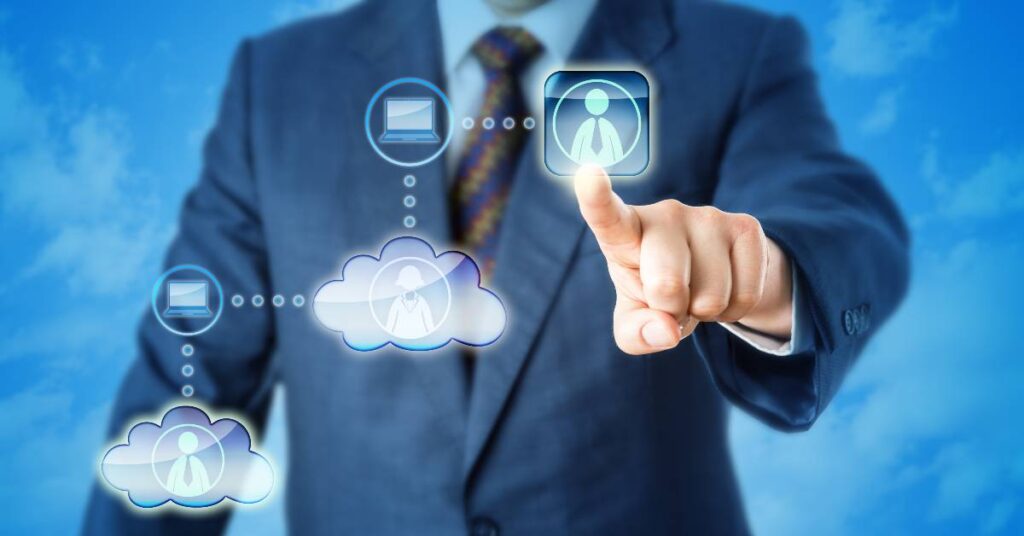 An image conceptualizing cloud computing with technology icons.